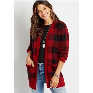 Maurices Women's Red Black Buffalo Plaid Open Front Duster Cardigan Small NWT